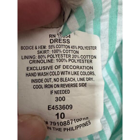 Vtg Rare Editions Eyelet Lace Dress Mint Green and Stripe Bow Back Girls 10 - Picture 5 of 6